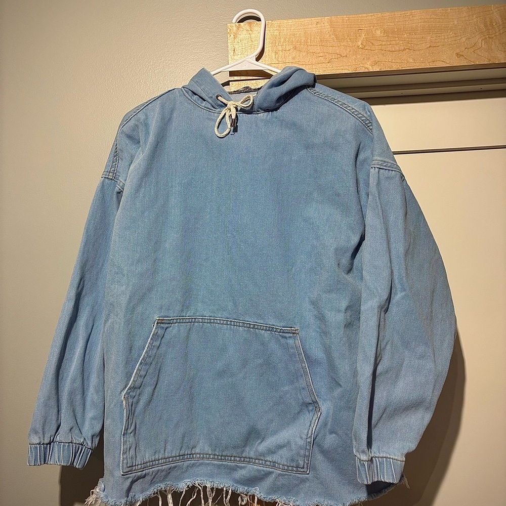 Boohoo Light Blue Distressed Denim-Look Hoodie